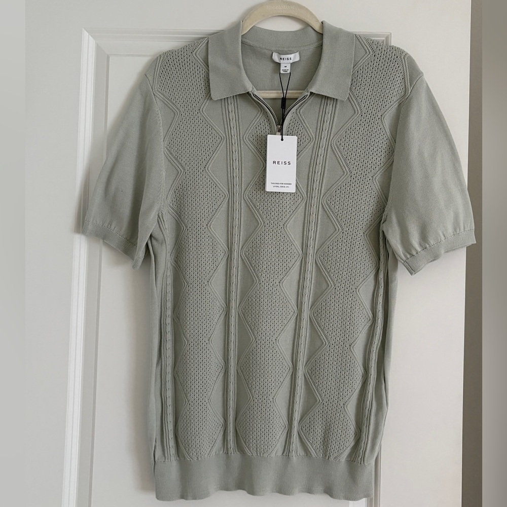 Reiss Sage Green Knit Polo Shirt